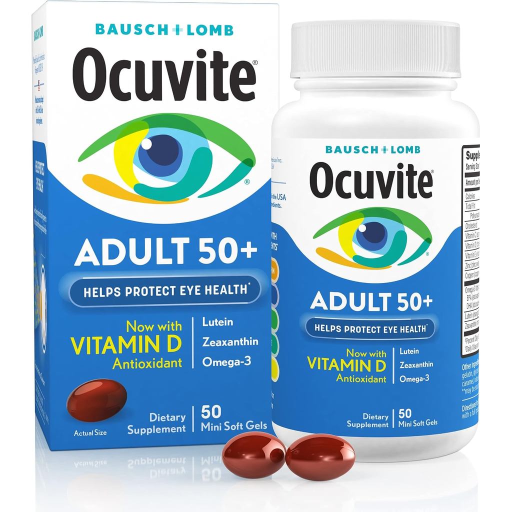 อาหารเสริมวิตามินและแร่ธาตุ Ocuvite Eye มีสังกะสี วิตามินซี E โอเมก้า 3 ลูทีน & ซีแซนธิน Bausch & Lo