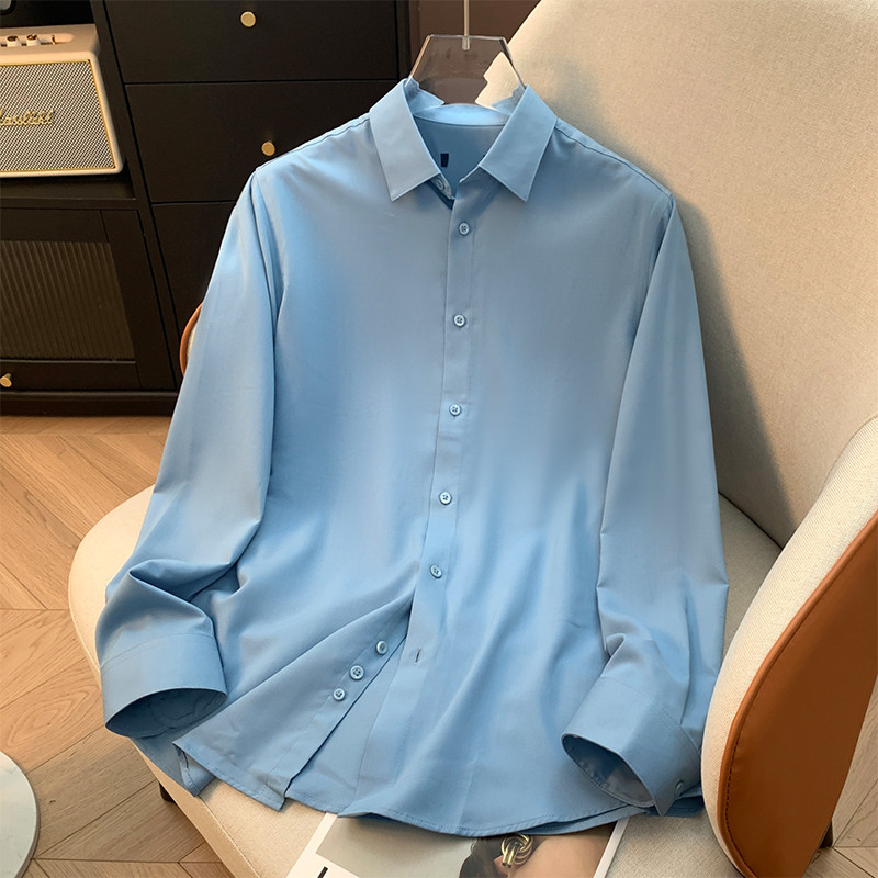 H Bid คงสั่งซื้อ!สต็อกพร้อมใบเล็ก! ธุรกิจแฟชั่นเสื้อแขนยาวลําลองผู้ชายเสื้อเชิ้ตคอเหลี่ยมสีทึบสบาย