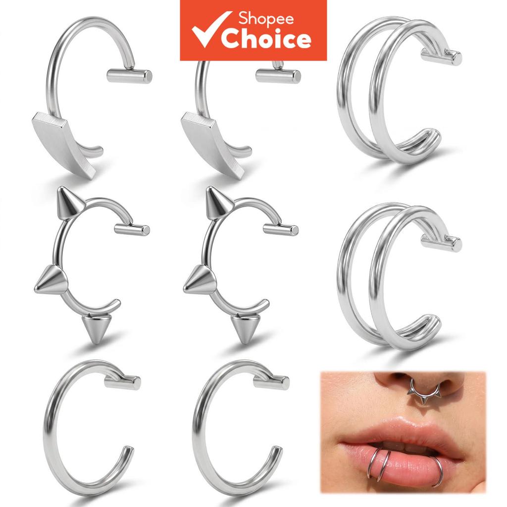 Unisex Clip on Snake Bites Lip & Nose Hoops Vampire Fangs สแตนเลส Halloween Party Decor 8 ชิ้น