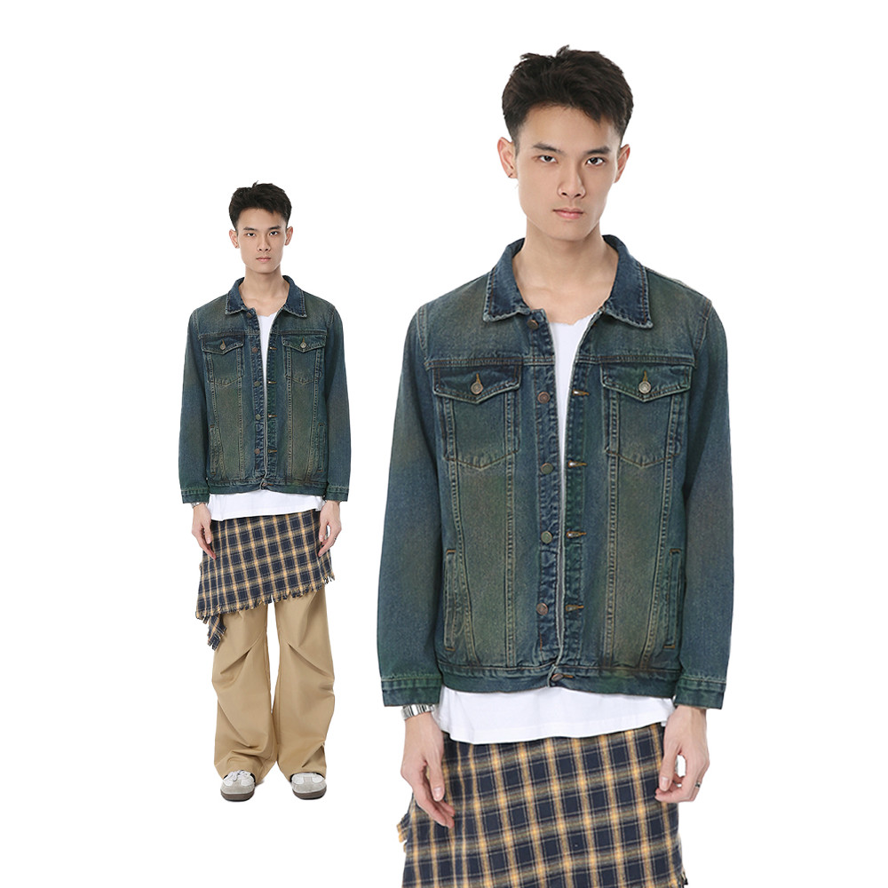Voguo Relay Retro Washed Distressed Blue Denim Jacket ผู้ชายผู้หญิงหลวมสบายๆแขนยาว DENIM Jacket