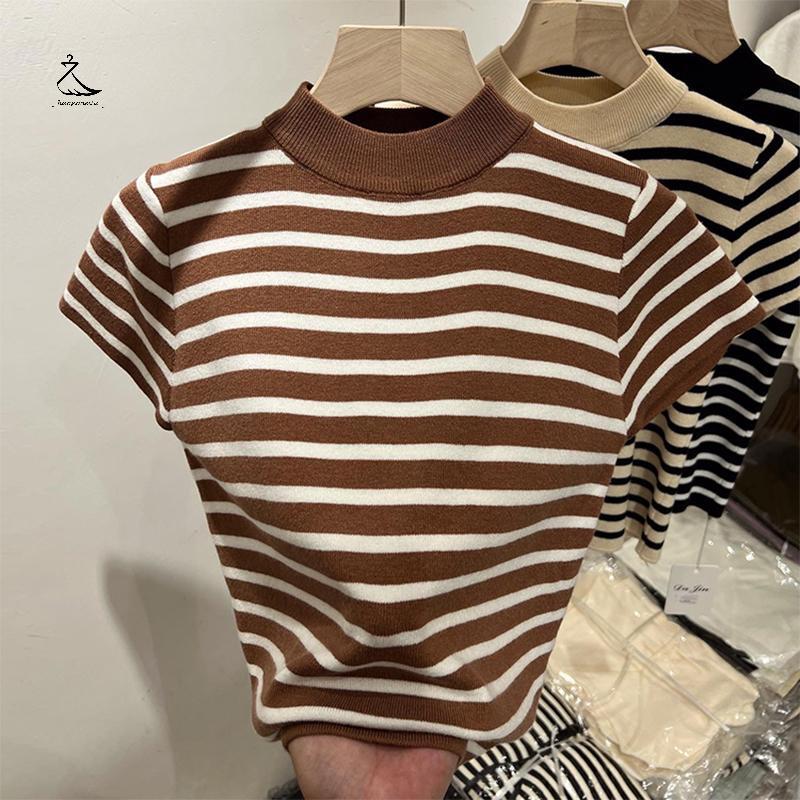 [HSSL] ครึ่งคอปกสูงลายถักเสื้อกันหนาวแขนบินสลิมฟิตด้านบนเสื้อตัวเล็กผู้หญิงแขนสั้นฐานเสื้อ MCL7717