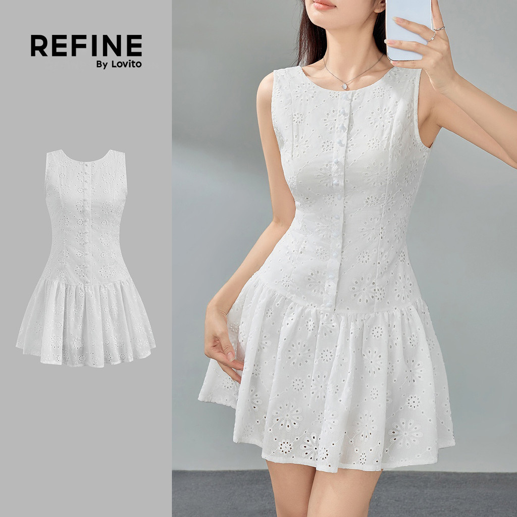 (Trendy) (Lovito Refine) ชุดลําลอง ชุดเดรสเย็บปักถักร้อยตาไก่สีพื้นสําหรับผู้หญิง LR2ED078