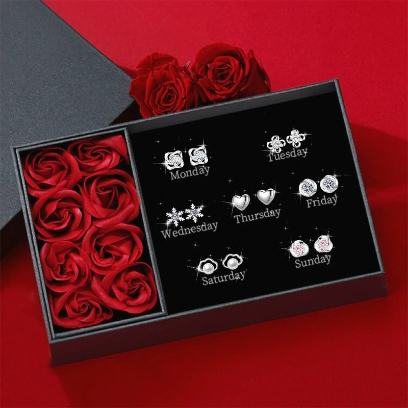 耳钉套装组合一周耳钉礼盒套装纯银耳饰套装情人节女友老婆9/9 Earring set, a week's worth of earrings, gift box set, sterling silve