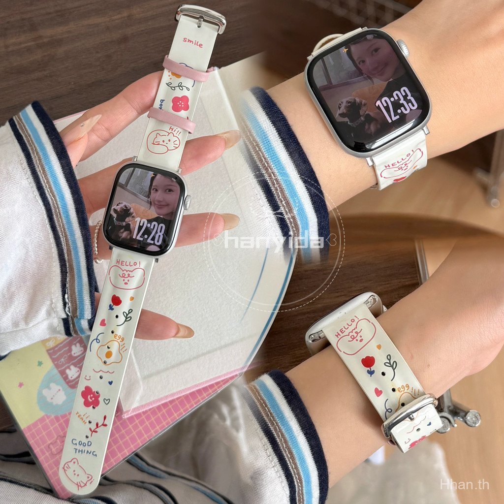สายนาฬิกาหนังดีไซน์ลูกสุนัขน่ารักสําหรับ Apple Watch iseries 11, S10, 9, 8, 7, 6, 5, 4, 3, 2, SE3, S