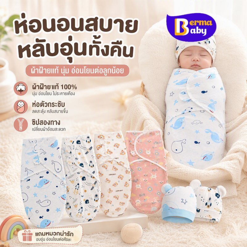 Berma Baby ถุงนอนเด็กแรกเกิด ชุดสองชิ้น ผ้าห่อตัว ผ้าฝ้ายแท้ ซิปสองทาง นุ่ม ระบายอากาศ หมวกในตัว