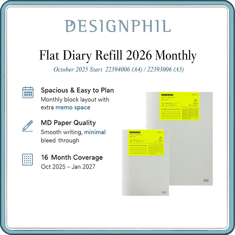 Midori Flat Diary Refill 2026 A5 & A4 Monthly Planner (Starts October 2025)