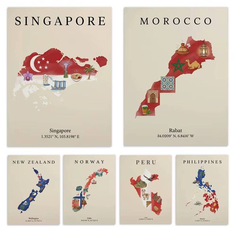 Map posters of Peru, Philippines, South Africa, Chile, Norway, Switzerland, Malaysia, UAE, Singapore