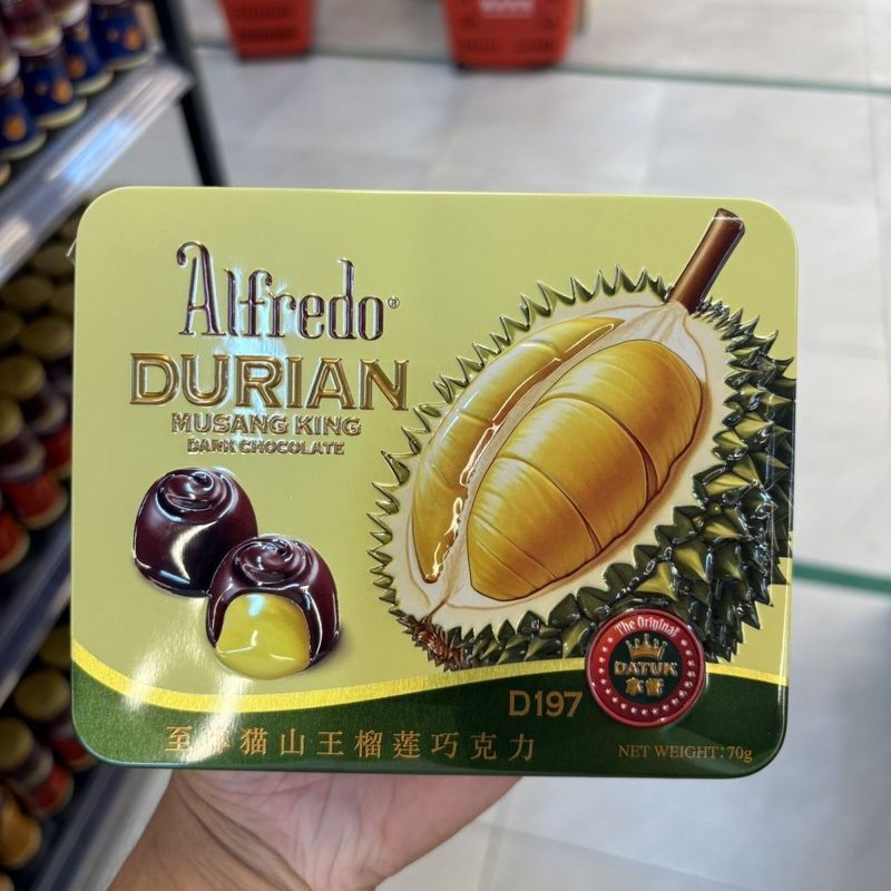 ฮ่องกง Daigou Malaysia Alfredo Alfredo Supreme Cat Mountain King Durian Sandwich Dark Chocolate Tin 