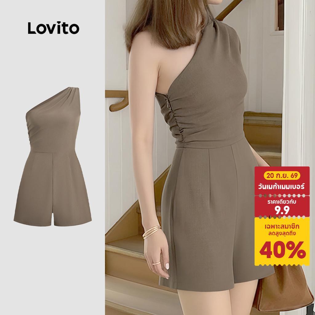 Lovito จั๊มสูทไม่สมมาตรจีบ khaki ลําลองสําหรับผู้หญิง เกาหลี อินเทรนด์ L189AD116