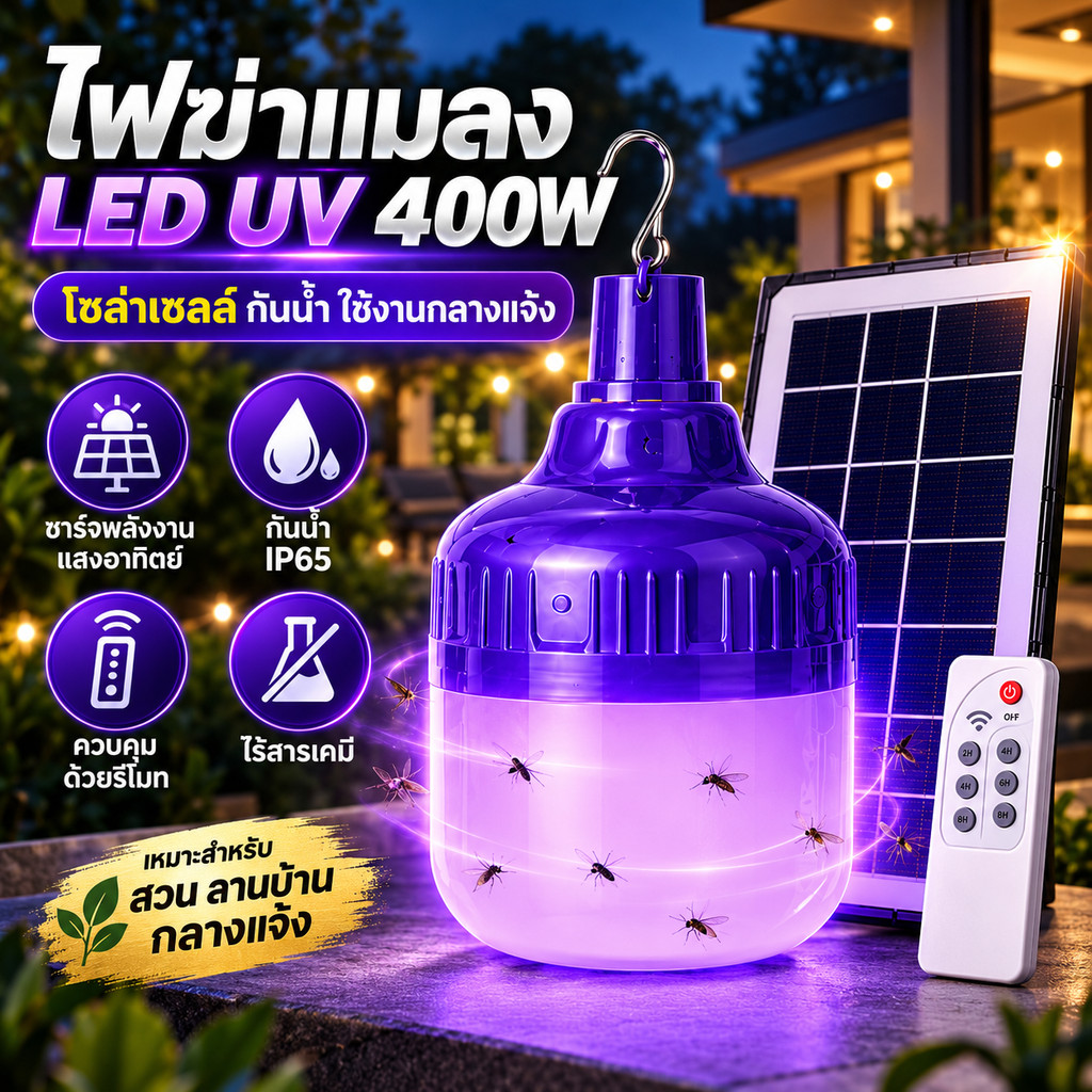 ไฟฆ่ายุง LED UV 400W โซล่าเซลล์ กันน้ำ พร้อมรีโมท ไร้สารเคมี ปลอดภัย สวน ลานบ้าน