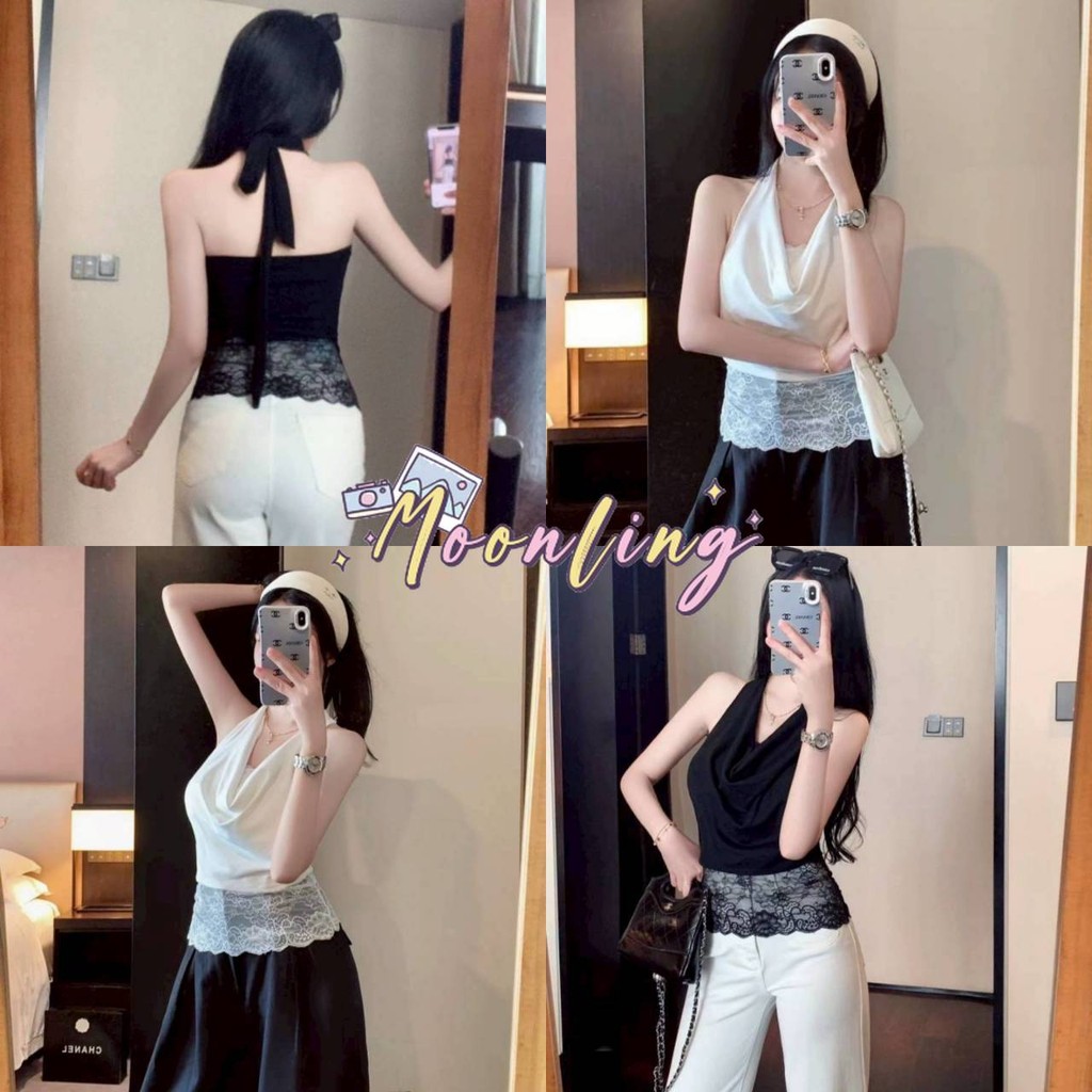 🌜Moonling🌛พร้อมส่งจากไทย เสื้อคล้องคอ สีพื้นผ้านุ่มนิ่ม ดีเทลแต่งลูกไม้ มีฟองน้ำในตัว *FY5593*