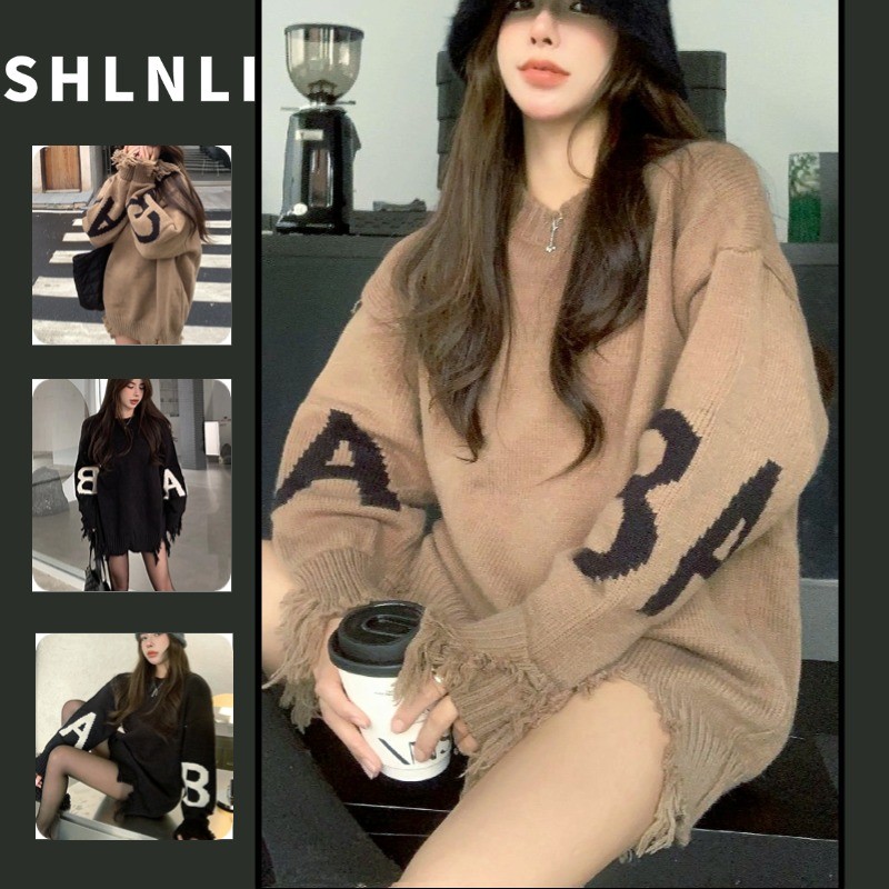 เกาหลี บวก ขนาดผู้หญิงหนาหลวมเสื้อกันหนาวฤดูใบไม้ร่วงฤดูหนาวพู่จดหมายเย็บปักถักร้อยถักเสื้อกันหนาว