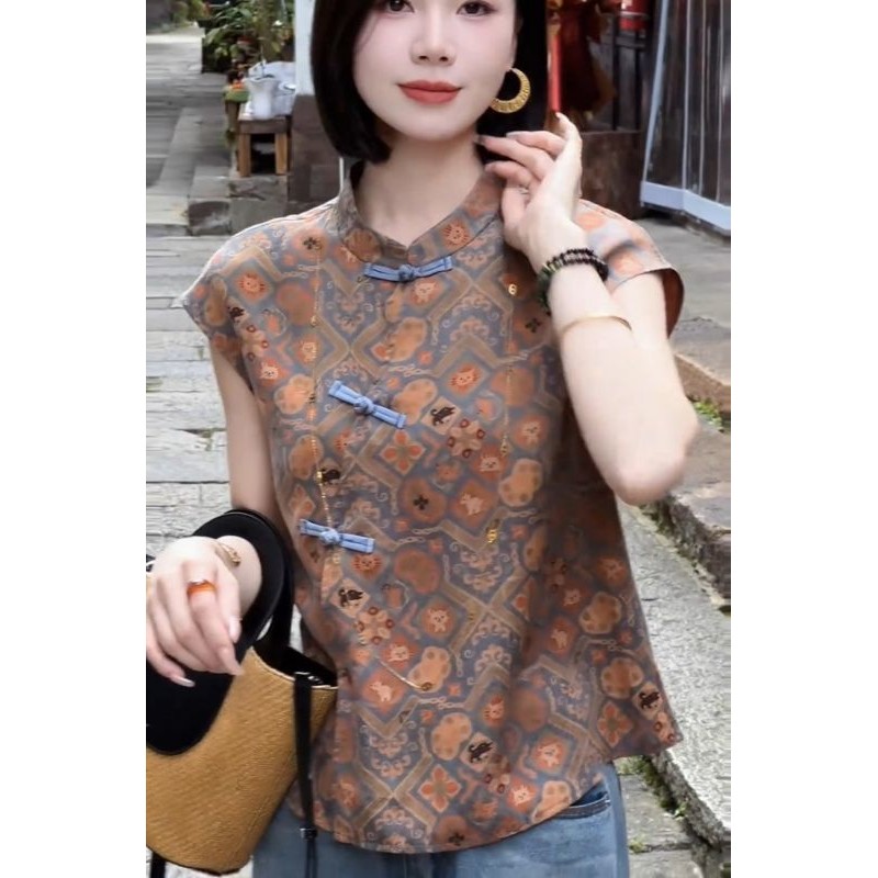 เสื้อเชิ๊ตสไตล์จีนโบราณสำหรับผู้หญิง ดีไซน์เก๋ อารมณ์ย้อนยุค เหมาะสำหรับฤดูร้อน