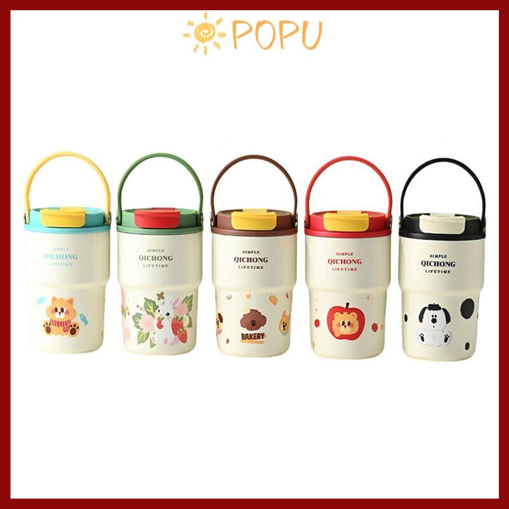POPU ถ้วยฉนวน, เซรามิคไลเนอร์ 450ML แก้วสูญญากาศ, ฟางดื่มคู่จับถ้วยกาแฟ Travel