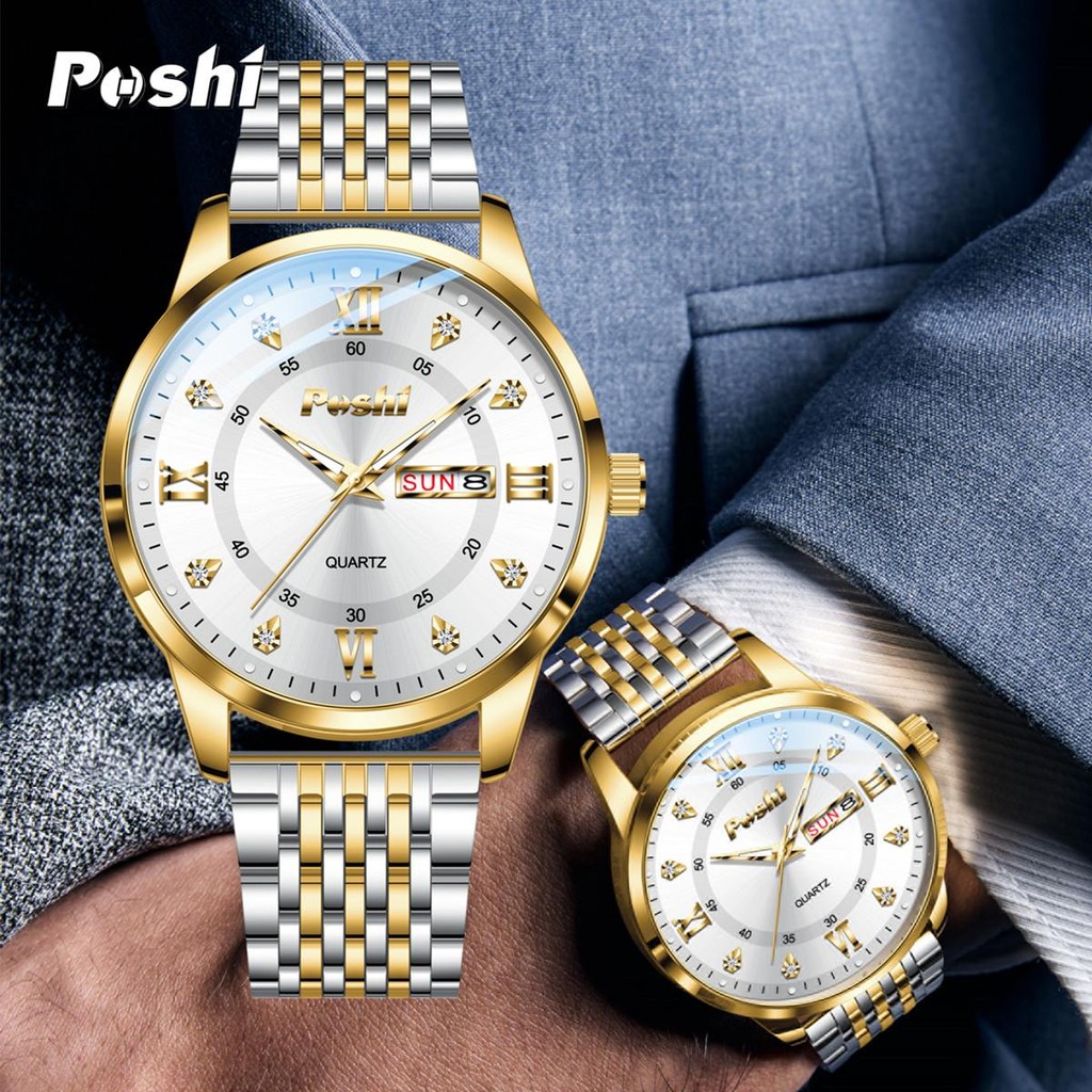 POSHI นาฬิกาสําหรับผู้ชายกันน้ําหรูหราธุรกิจสแตนเลสทองสีดํานาฬิกาข้อมือควอตซ์กันน้ํา Relo Luminous แ