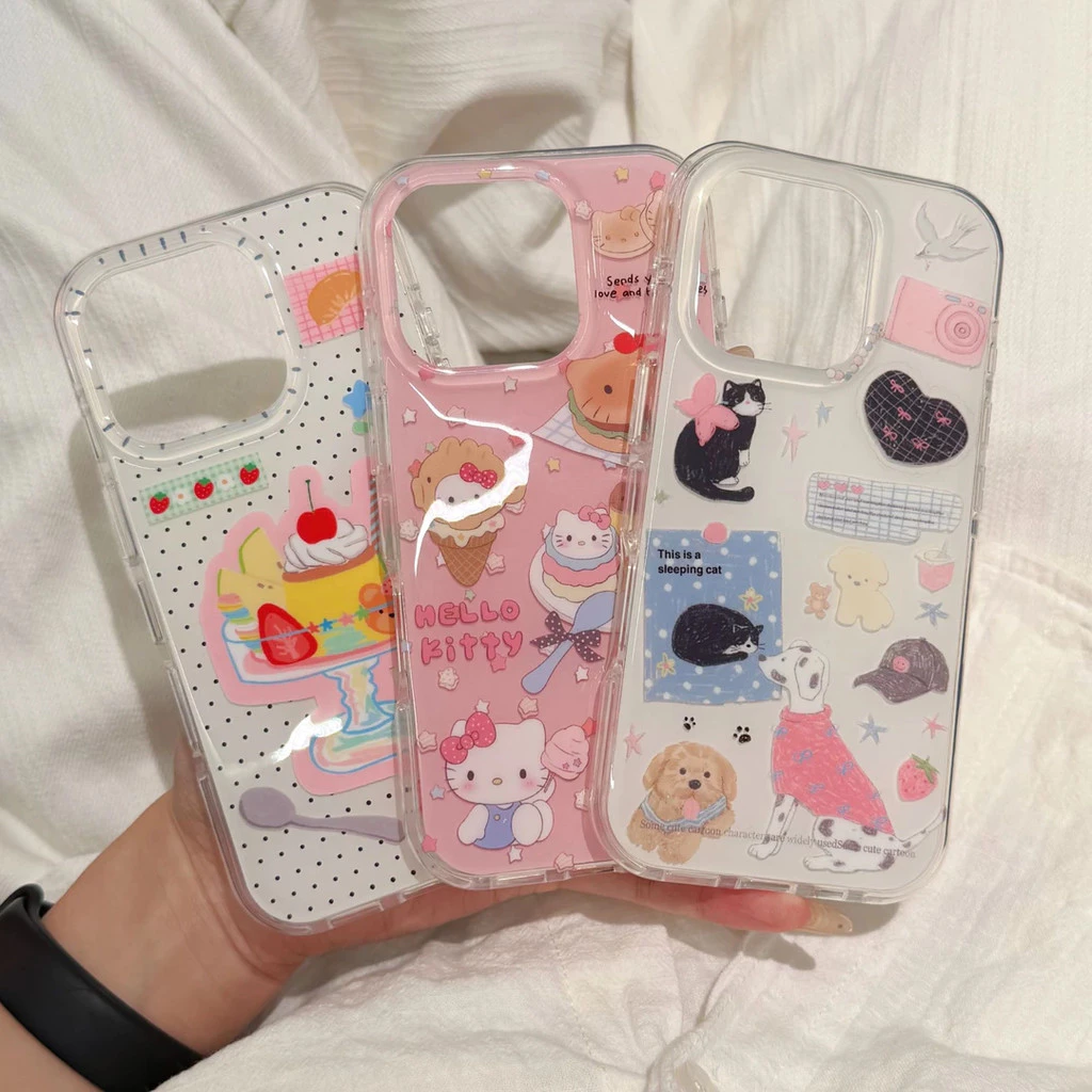 เคสไอโฟน 13 ไอศครีมการ์ตูนเค้กเคธีลูกสุนัขแมว สำหรับ IPhone 13 11 12 Pro Max 12 11 Pro 14 15 16 Pro Max 16 14 15 Plus