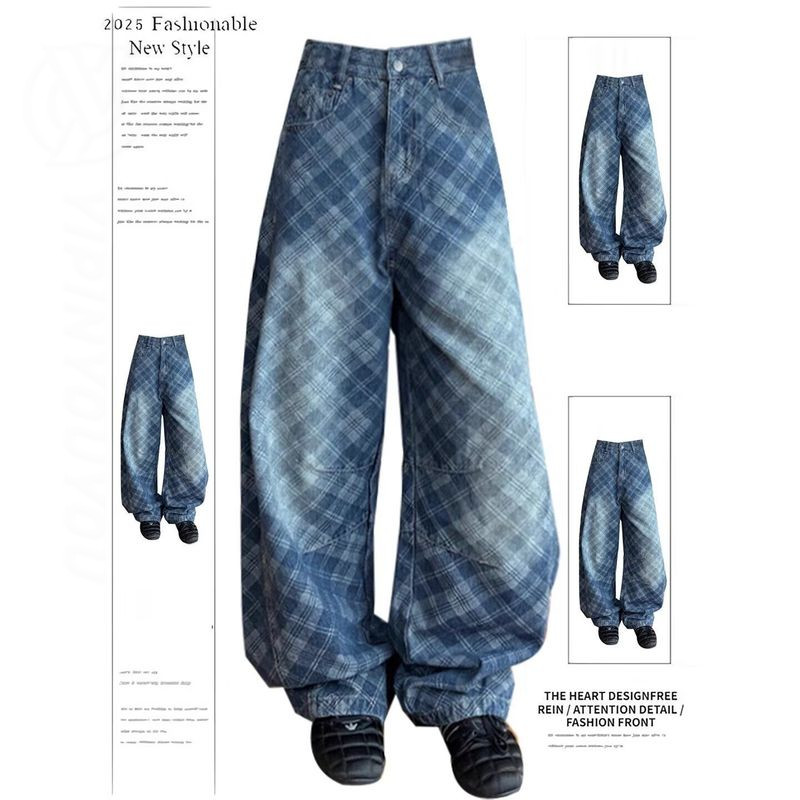 กระโปรงเอวสูงลายสก๊อตแบบหลวม สไตล์ลำลอง ทำจากผ้าเดนิม สำหรับผู้หญิง