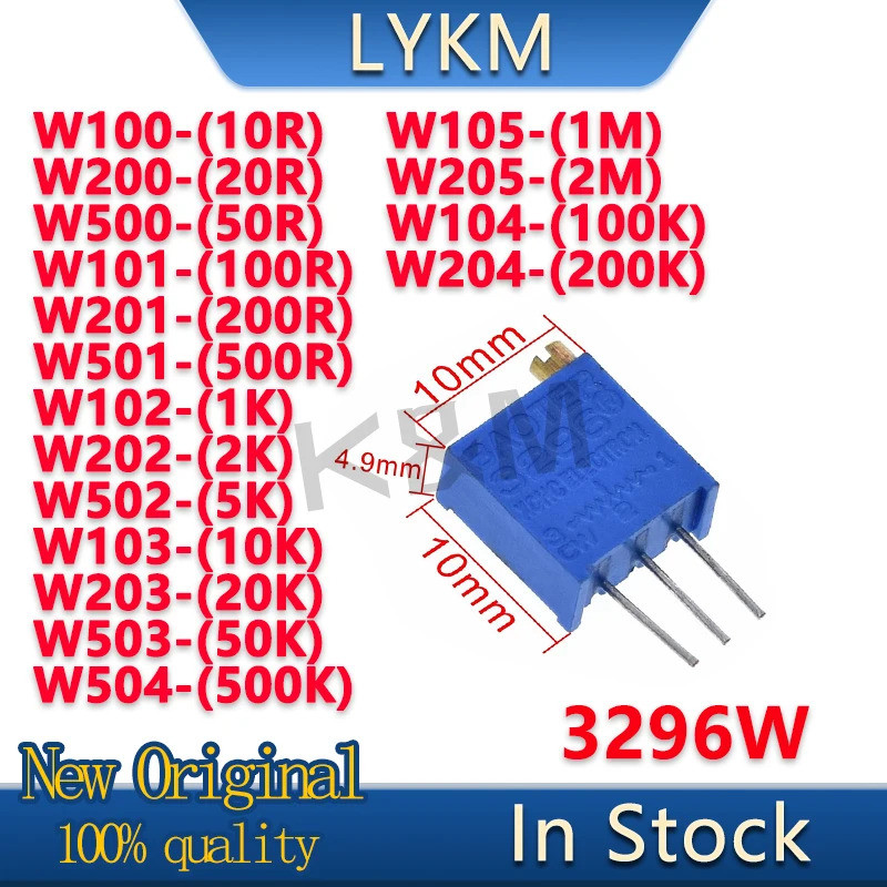 10/PCS 3296W multi-turn ปรับ potentiometer 10R 20R 50R 100R 200R 500R 1K 2K 5K 10K 20K 50K 100K 200K