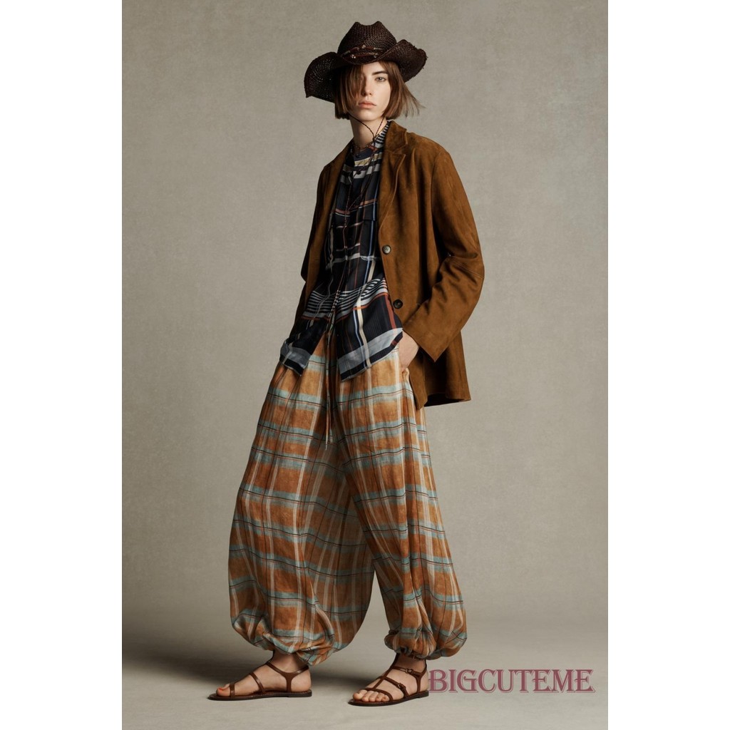 กางเกงย้อนยุคสำหรับผู้หญิง แบบเชือกรูด ลายสก็อต