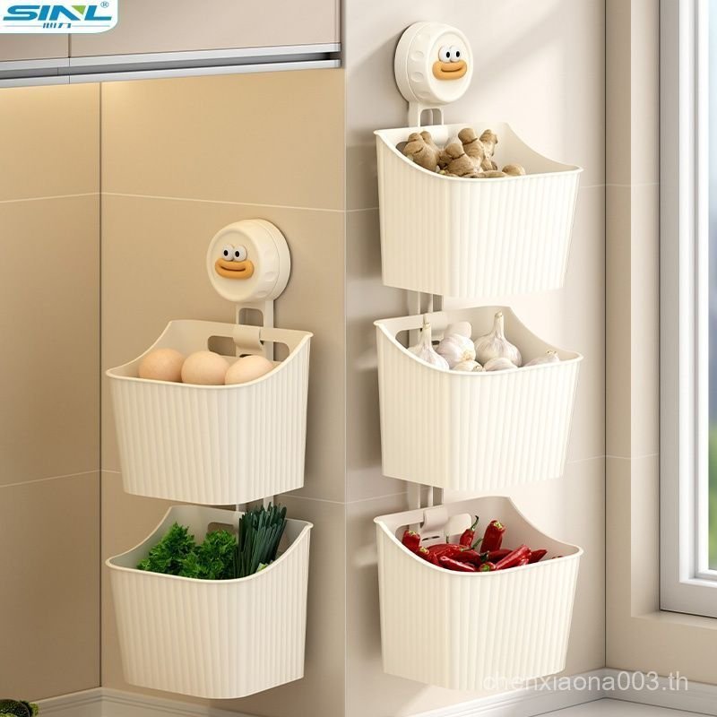 ถ้วยดูดครัวหัวหอมขิงกระเทียมกล่องเก็บติดผนังชั้นวางขิงกระเทียมปรุงรสตะกร้าเก็บเจาะฟรีแขวนตะกร้า 6HSM