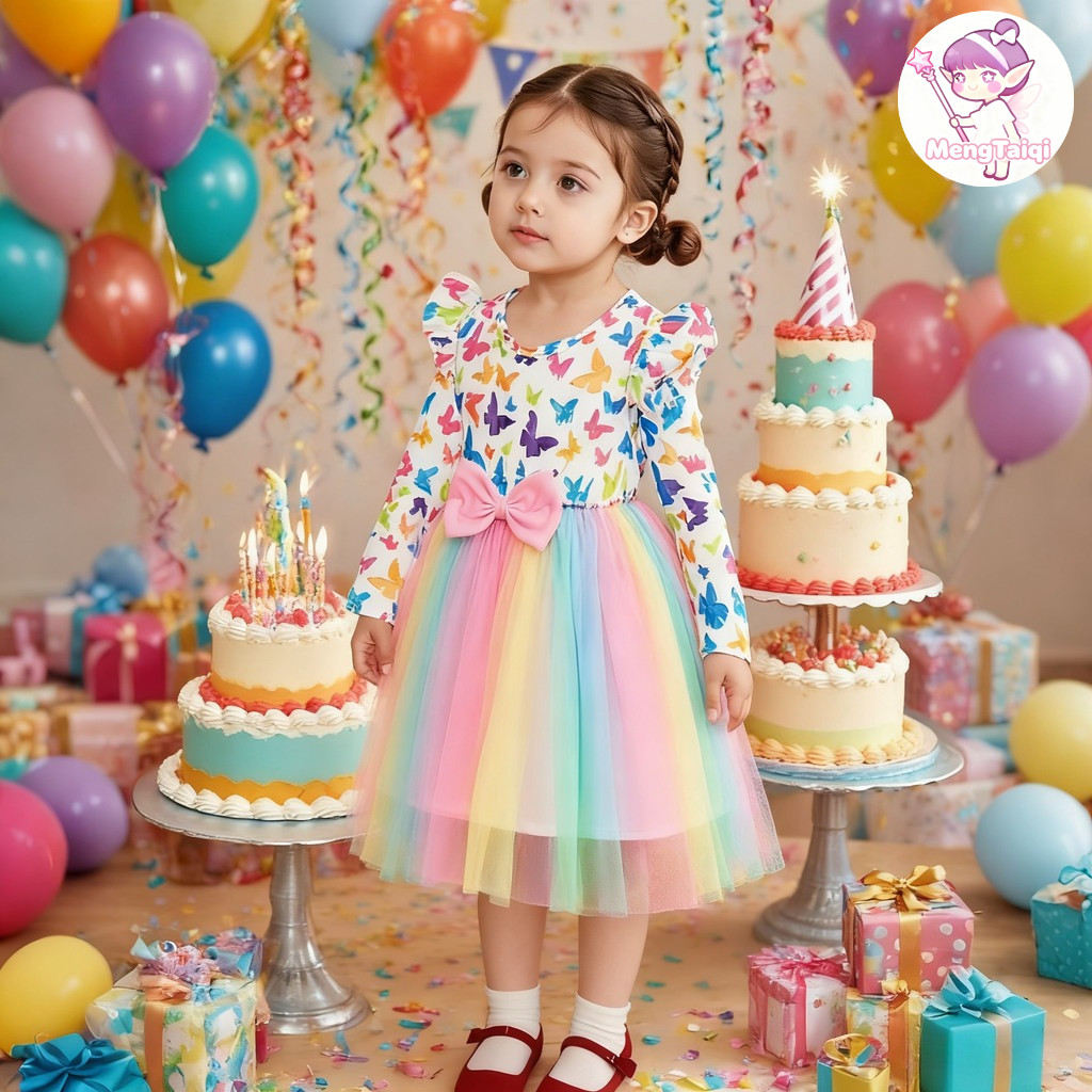 ชุดเจ้าหญิงหิมะสีขาวสำหรับเด็กวัยหัดเดิน พร้อมสายรุ้งสีสดใส เหมาะสำหรับวันเกิด อายุ 2-7 ปี