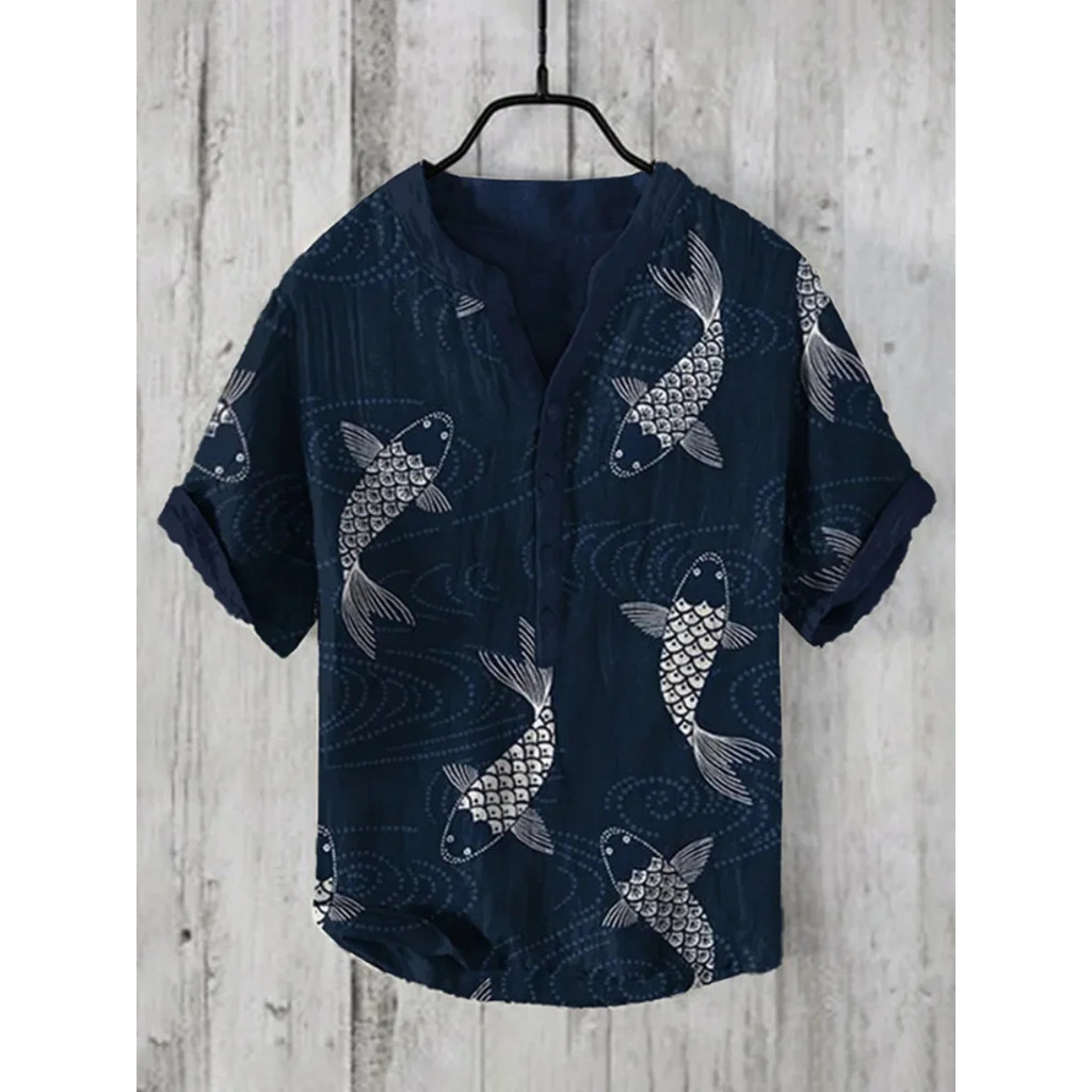 เสื้อเชิ้ตสไตล์ฮาวาย ผ้าลินิน ลายปลามีให้เลือกทั้งขนาดผู้ชายและผู้หญิง เหมาะสำหรับใส่ลำลอง - รูปที่ 4