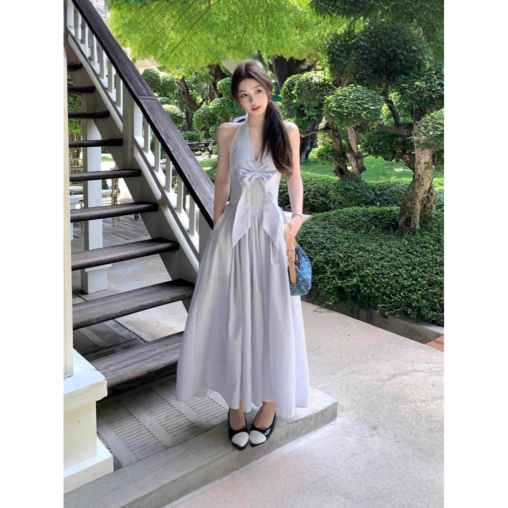 Dainty Vogue ชุดเดรสคล้องคอลายทางยาวสําหรับฤดูร้อนของผู้หญิง