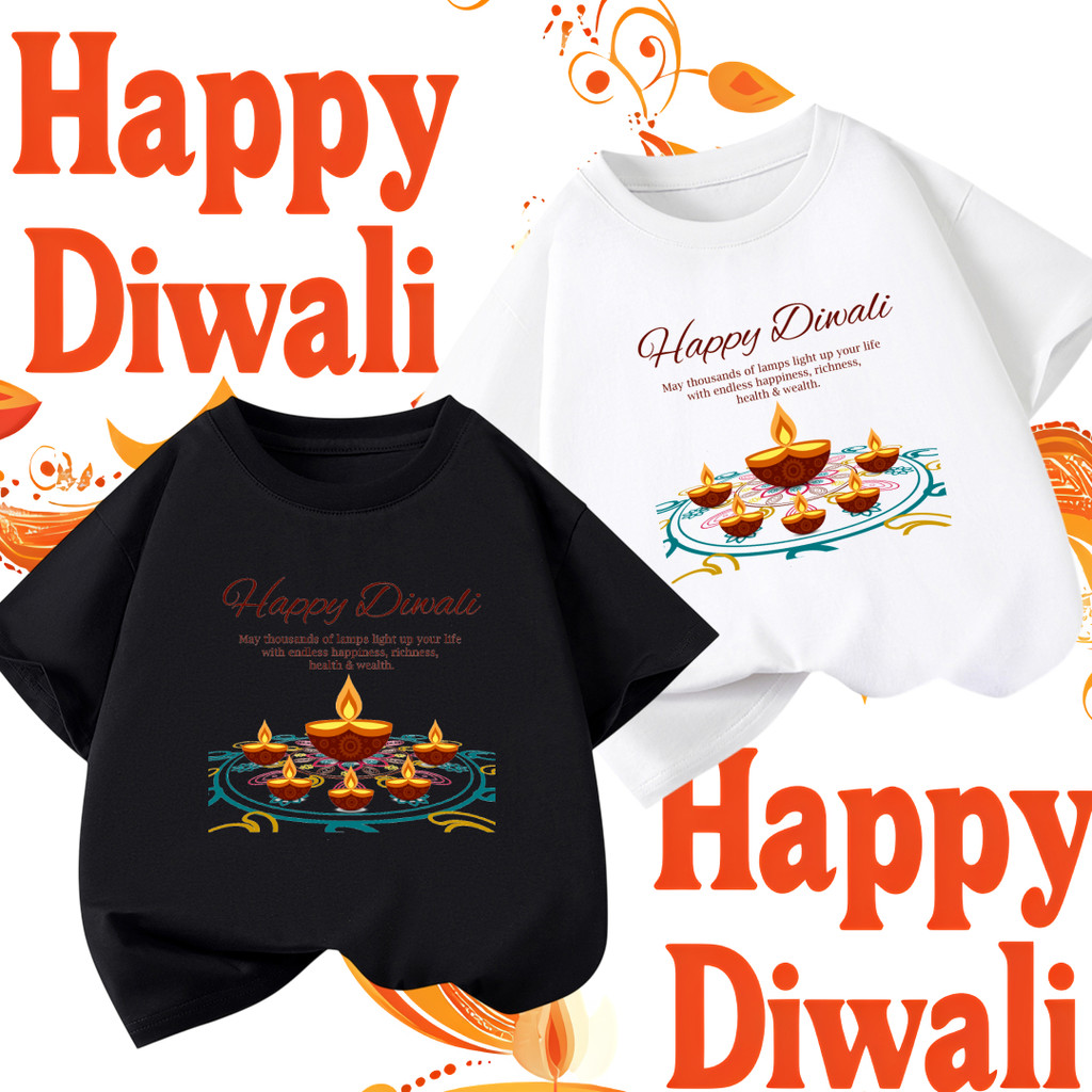 Diwali เสื้อยืด Happy Diwali Festival of Lights เสื้อยืดลําลองแฟชั่น 100% cotton สำหรับผู้ชายและผู้ห