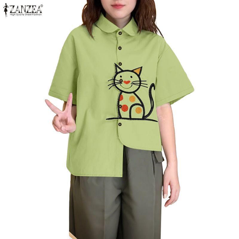 เสื้อลายการ์ตูนสำหรับผู้หญิง ZANZEA สไตล์เกาหลี ปกทัพพี ปุ่มด้านหน้า ครึ่งแขน – โปรปัง