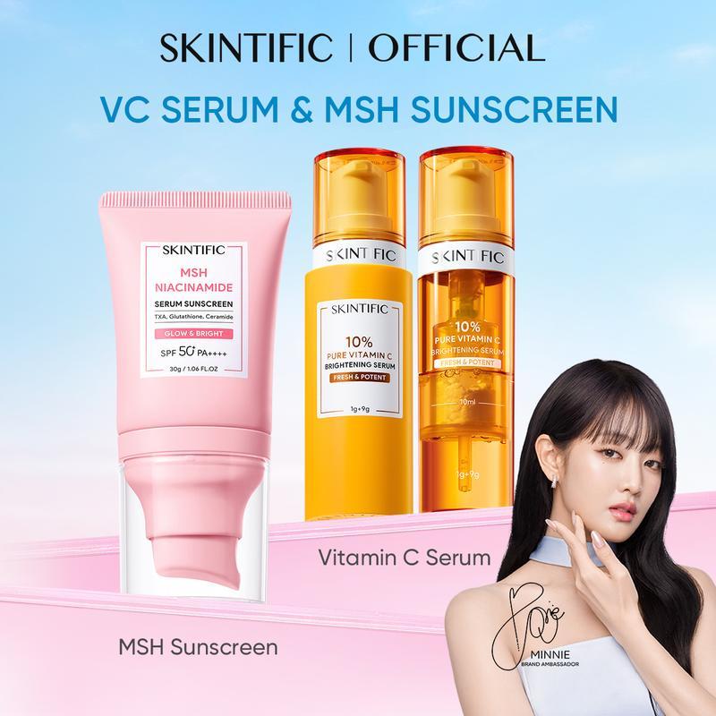KOL2PCS SKINTIFIC 10% PURE VITAMIN C SERUM & MSH Niacinamide Serum Sunscreen SPF50+ PA++++ & PEELING