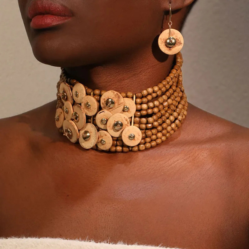 Statement Vintage Beads Chocker Necklace&Earrings Buttons Design Women Trendy Wedding Party Jewelry