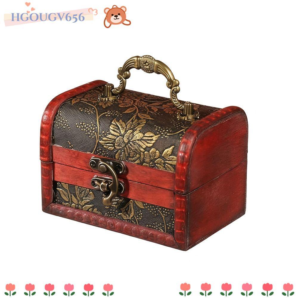 HGOUGVT กล่องเครื่องประดับไม้,พร้อมที่จับ Vintage Treasure Chest,แบบพกพามินิไม้ Handmade Trinket กล่องเครื่องสําอาง Organizer