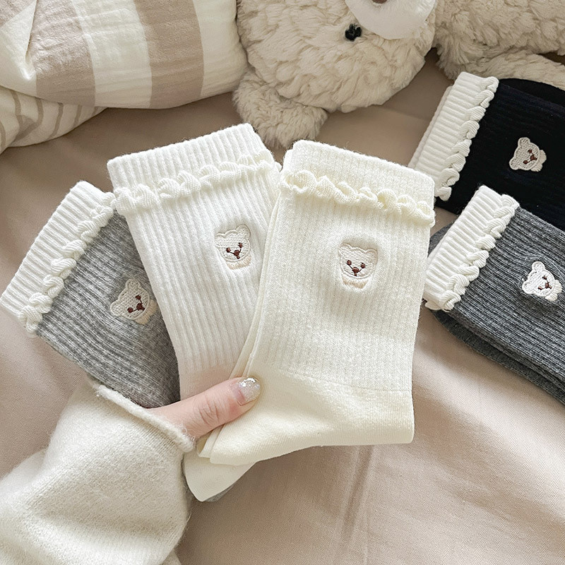 ผู้หญิงเกาหลีสไตล์หมีปัก Ruffle Cuff ผ้าฝ้ายกลางลูกวัว Slouch ถุงเท้า Breathable Casual Hosiery ฤดูใบไม้ผลิฤดูใบไม้ร่วง