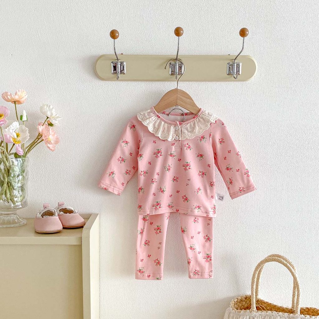 ชุดนอนแขนยาวสีชมพูลายดอกไม้สำหรับเด็กหญิงอายุ 0-3 ปี ใส่สบายเป็นชุดลำลอง