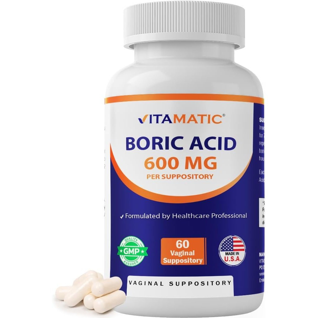 Vitamatic Boric Acid Vaginal Capsule Shell Suppositories 600 mg USP Grade Boric Acid in Vegetarian C