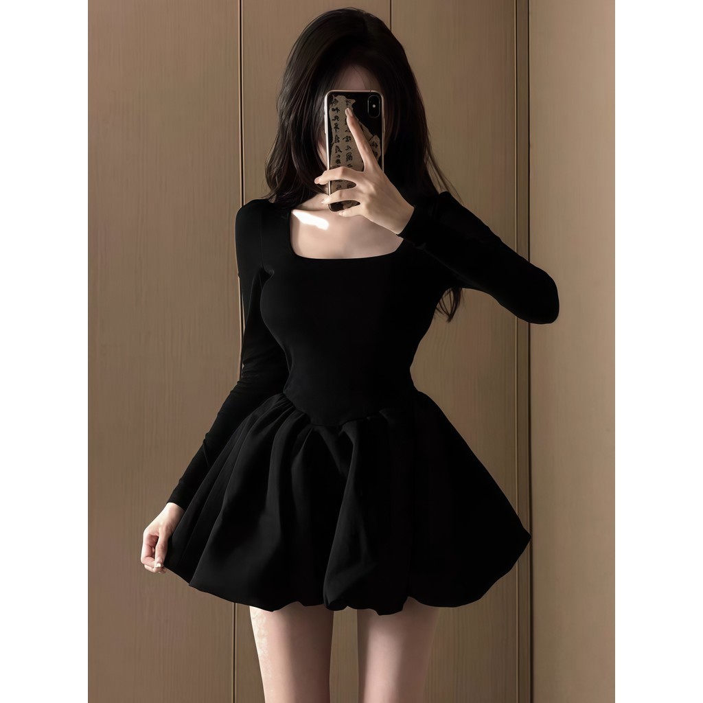 SuSu สีดำ ชุดเดรสแขนยาว น่ารักมากๆดีเทลกระโปรงพองๆสไตล์สาวเวียดนาม เอวสูง ผ้าใส่สบาย 