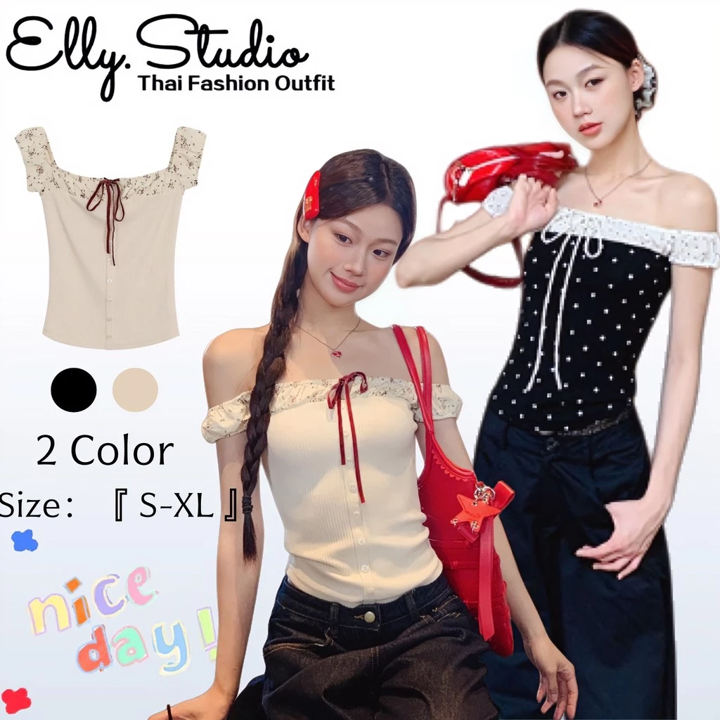 Elly พร้อมส่ง💗เสื้อยืดเสื้อปาดไหล่💗แต่งแขนระบายเก๋ไก๋ ลายดอกไม้ สไตล์เกาหลี แต่งแขนระบายเก๋ไก๋ เสื้อยืดโชว์ไหล่ มีเชือกผ
