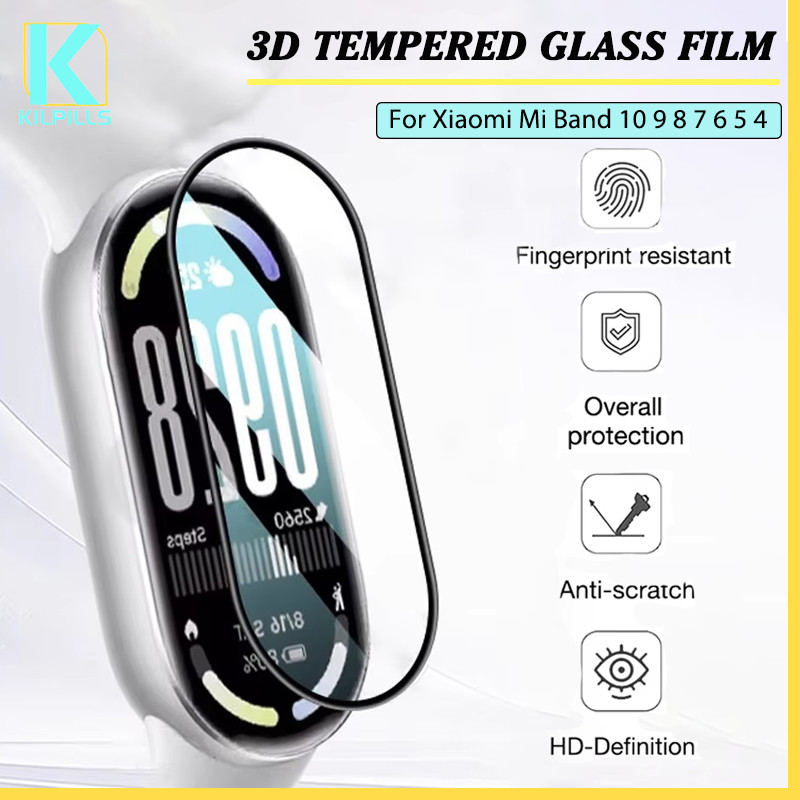 ฟิล์มแก้วนิรภัย 3D for Xiaomi Mi Band 10 9 8 ปกป้องหน้าจอเต็มรูปแบบฝาด้านข้างดำป้องกัน for Smartwatch Mi Band 7 6 5 4