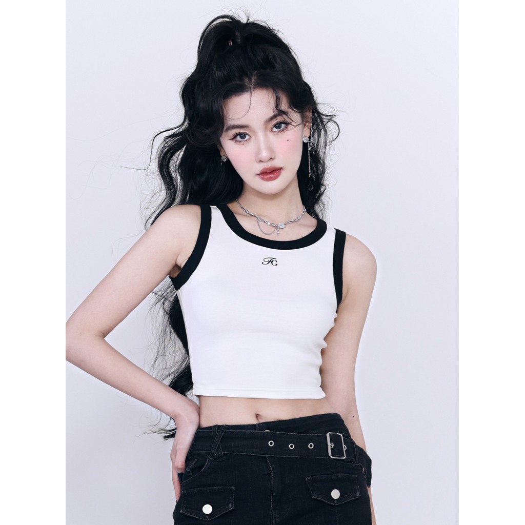 Fragile Heart สโตร์ เสื้อยืดตัวเล็กพอดีตัว สไตล์เรโทรสีตัดกัน แขนสั้น