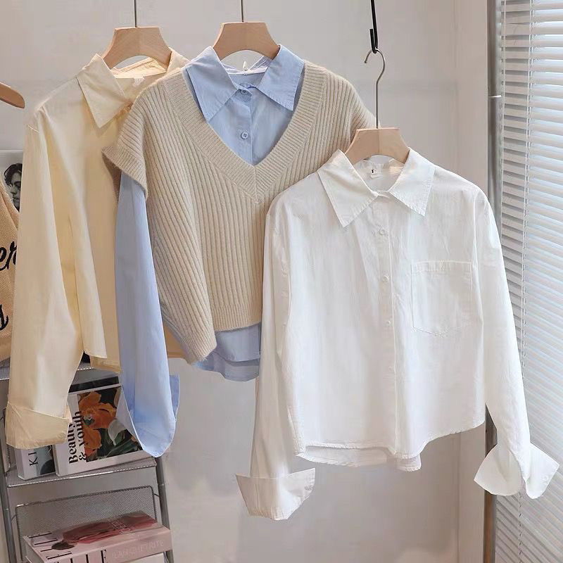 เสื้อสั้นสำหรับผู้หญิง แขนยาวสีขาว สวมไซส์เล็ก