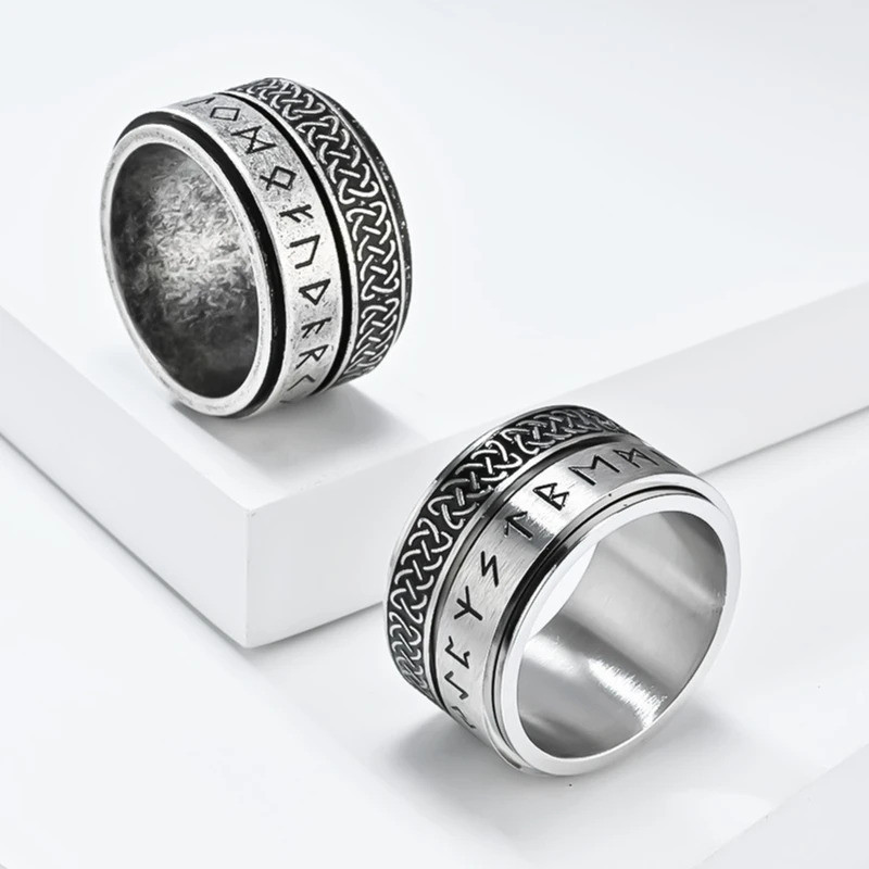 Men's 14mm Stainless Steel Vintage Norse Viking Rune Spinner Ring Nordic Viking Celtic Knot Anxiety 