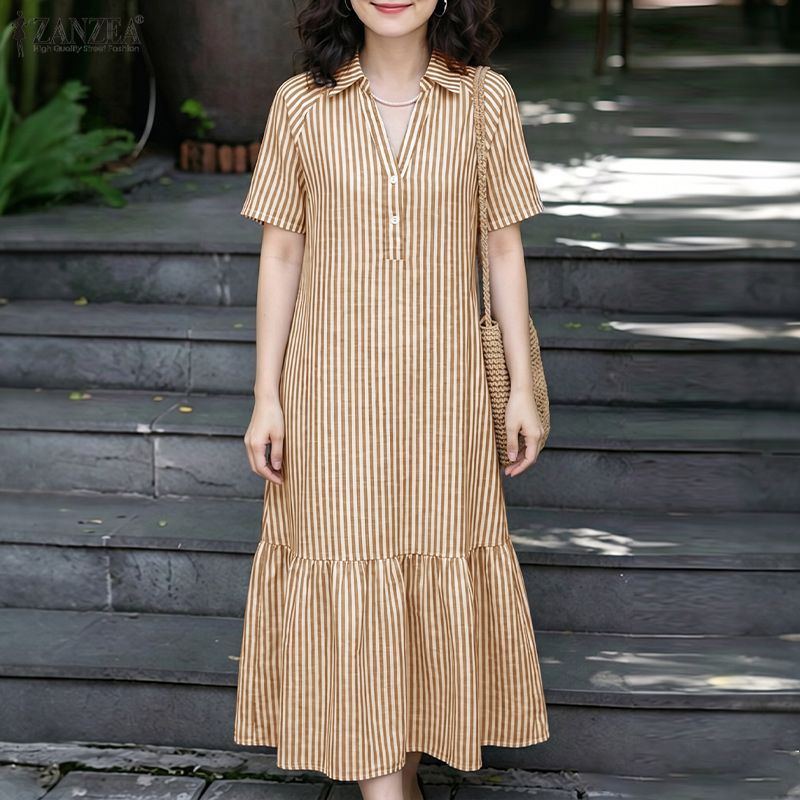 ZANZEA ผู้หญิงเกาหลีชุดลําลองแขนสั้นครึ่งกระดุม Ruffles Hem A-Line ชุดเดรสลายทาง — صورة 5