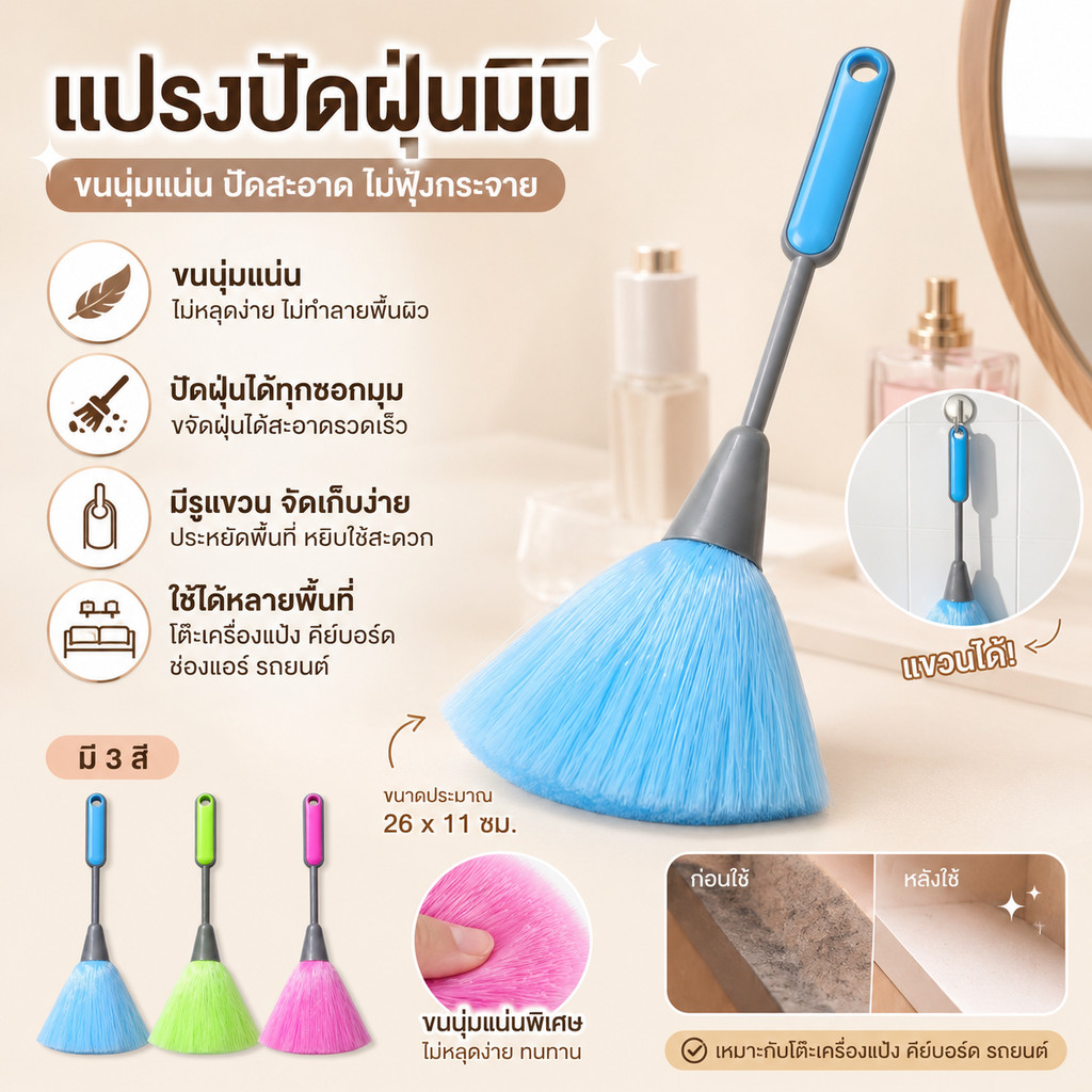 แปรงปัดฝุ่นไมโครไฟเบอร์ ขนแน่น ไม่ฟุ้งกระจาย เหมาะกับรถยนต์ คอมพิวเตอร์ โต๊ะทำงาน