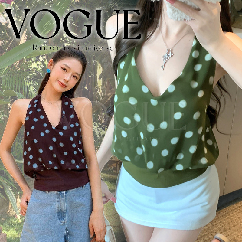 Vogue🌟พร้อมส่ง🌟 เสื้อคล้องคอ ผ้าชีฟองลายจุดคอวีทรงหลวม ดีไซน์เอวจั๊มเข้ารูป ใส่สบาย (FY5195)
