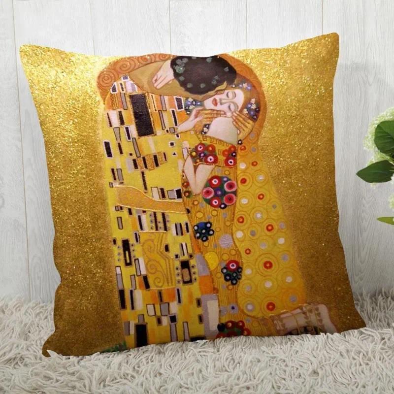 Gustav Klimt Art ปลอกหมอนโซฟาหน้าแรกเบาะสํานักงานผ้าโพลีเอสเตอร์หมอนปลอกหมอนอิงด้านเดียว