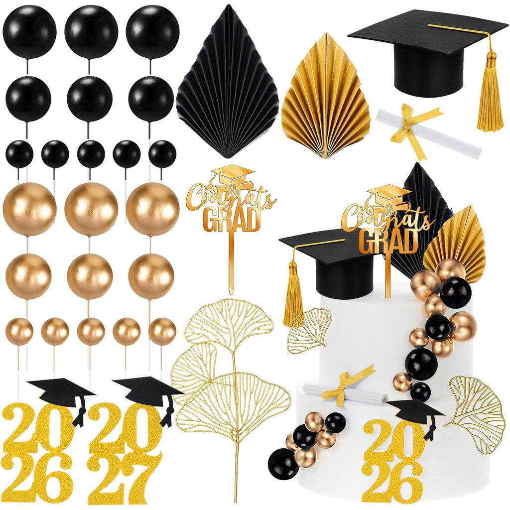 Panelee Graduation เค้ก Toppers Class of 2026 Grad หมวก Diploma Topper ตกแต่งทองเค้กอะคริลิค Topper 
