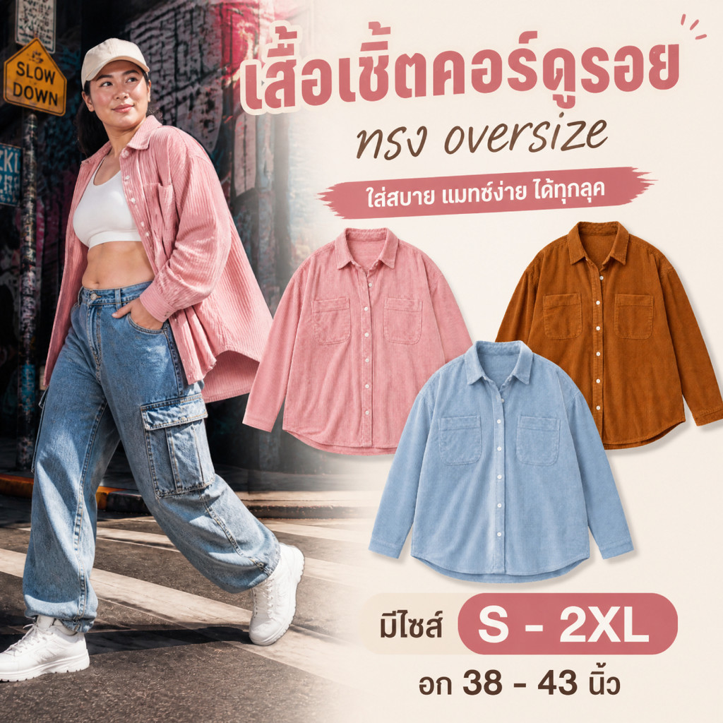 เสื้อเชิ้ตแขนยาวผ้าลูกฟูก S-2XL หนานุ่มเกรดพรีเมียม ดีไซน์กระเป๋าคู่ แมทช์ลุคแคมป์ปิ้งคูลๆ