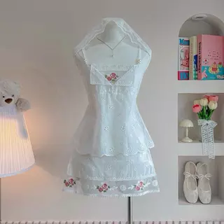Mini flower เสื้อสายเดี่ยว กระโปรงลูกไม้ปัก (แยกขาย/เซต) t68+t69