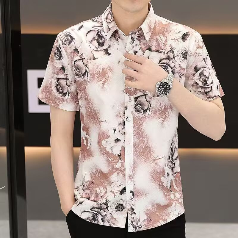 เสื้อดำคอปก เสื้อฮาวายลายดอก เสื้อเชิ้ตแขนยาวผ้าใยสังเคราะห์มี 2 สีM-3XL