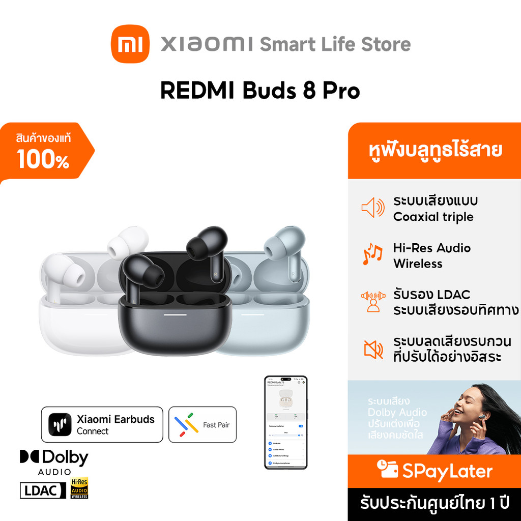 Xiaomi REDMI Buds 8 Pro หูฟังบลูทูธ | หูฟัง bluetooth | หูฟังบลูทูธไร้สาย | ระบบตัดเสียงรบกวนอัจฉริยะ (ANC) สูงสุด 55dB